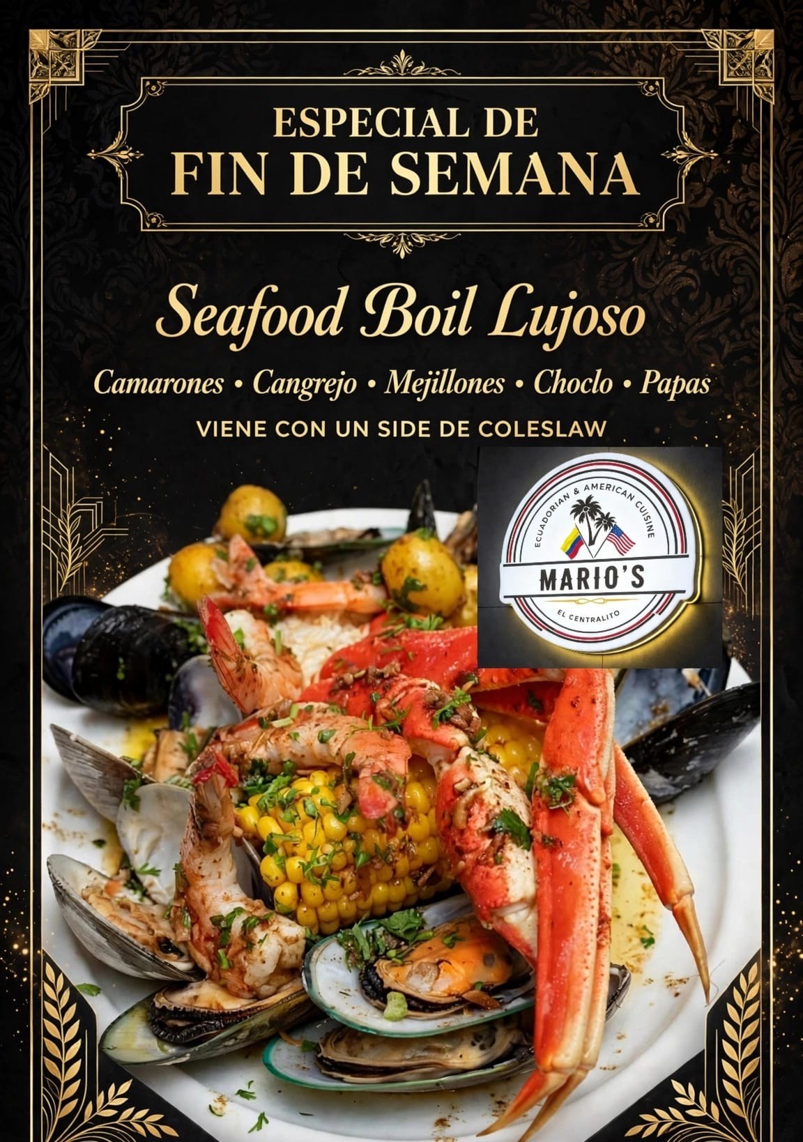Especial de fin de semana: seafood boil con camarones, cangrejo, mejillones, choclo y papas